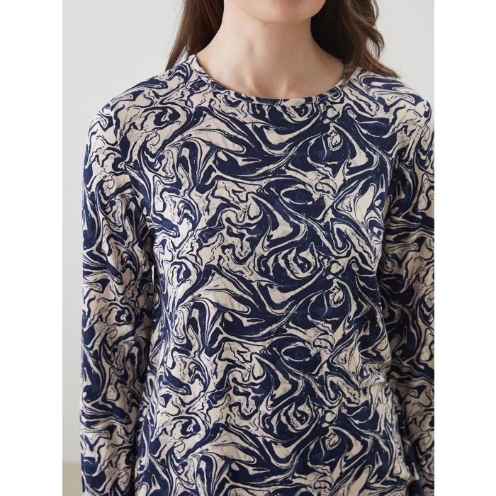 LCW Grace Lacivert Bisiklet Yaka Desenli Kadın Tişört