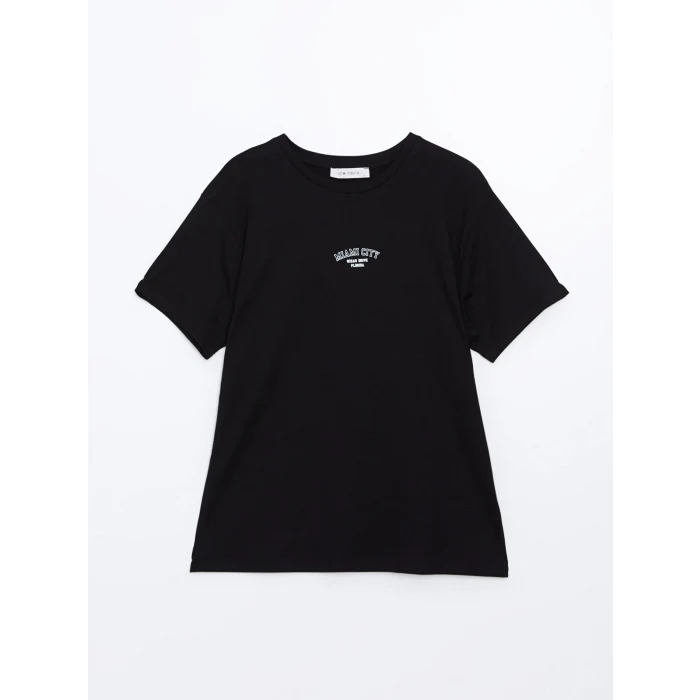 LCW Vision Siyah Bisiklet Yaka Baskılı Kadın Tişört