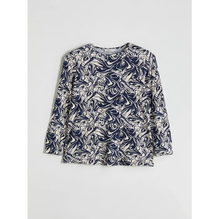 LCW Grace Lacivert Bisiklet Yaka Desenli Kadın Tişört