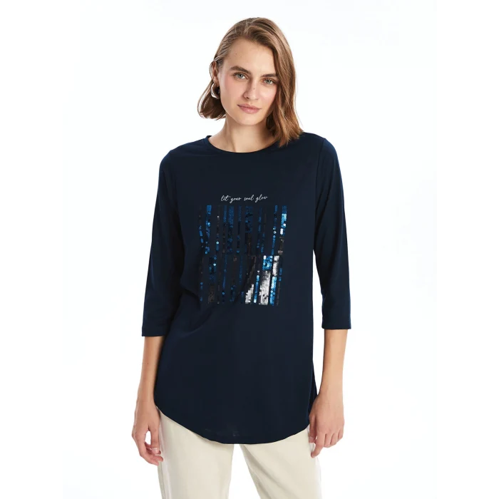 LCWAIKIKI Basic Lacivert Bisiklet Yaka Pul İşlemeli Kadın Bluz