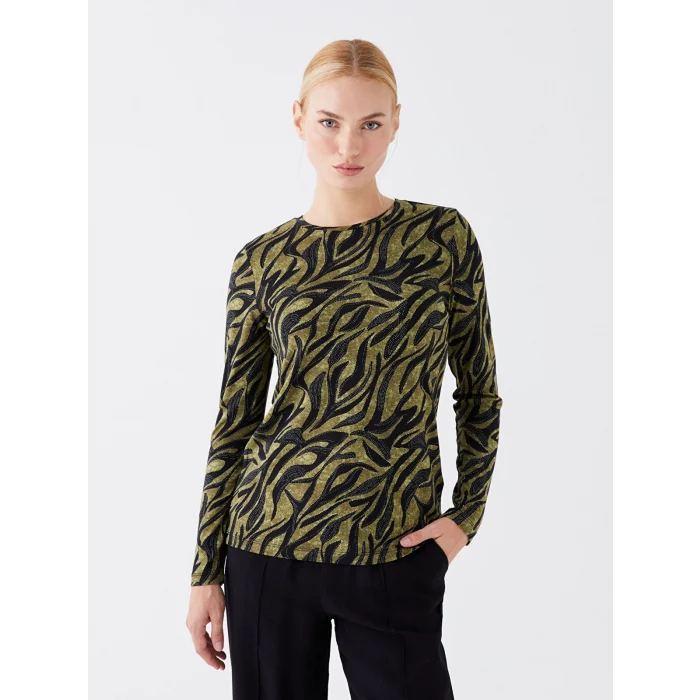 LCWAIKIKI Basic Haki Bisiklet Yaka Desenli Uzun Kollu Kadın Bluz