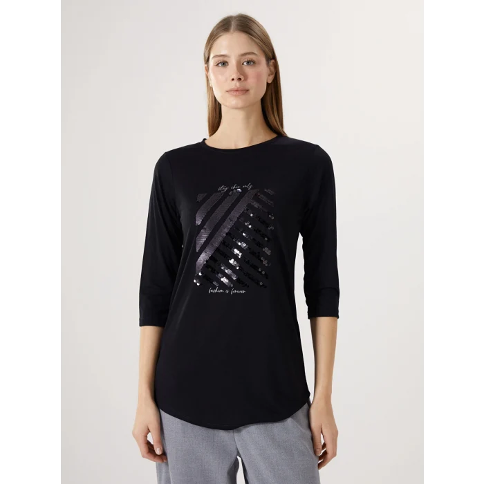 LCWAIKIKI Basic Siyah Bisiklet Yaka İşlemeli Kadın Bluz