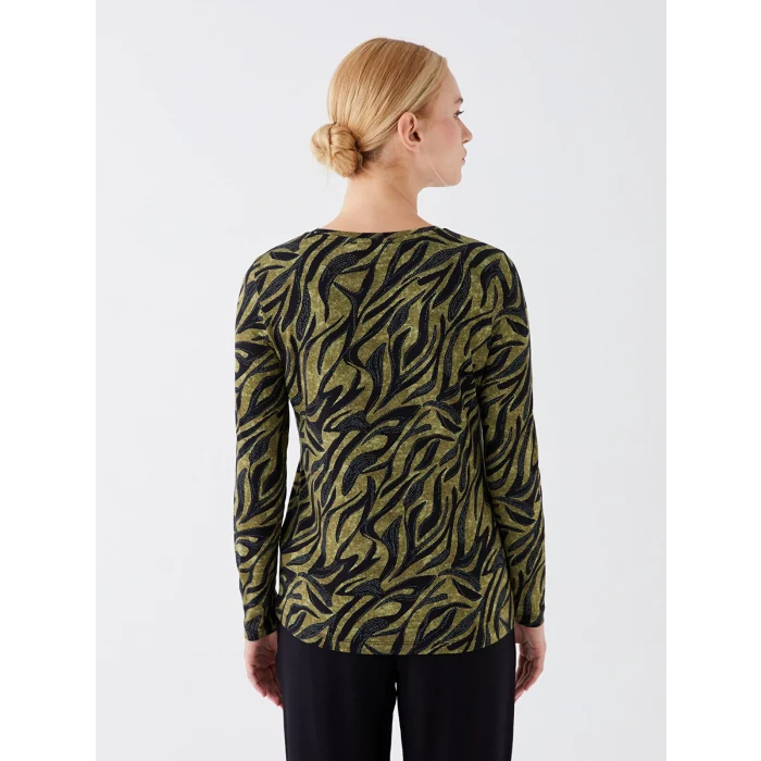 LCWAIKIKI Basic Haki Bisiklet Yaka Desenli Uzun Kollu Kadın Bluz