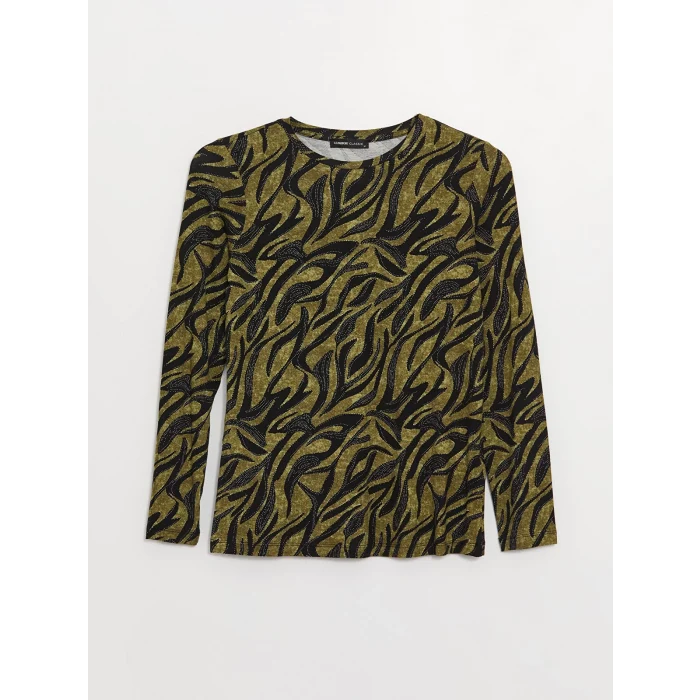 LCWAIKIKI Basic Haki Bisiklet Yaka Desenli Uzun Kollu Kadın Bluz