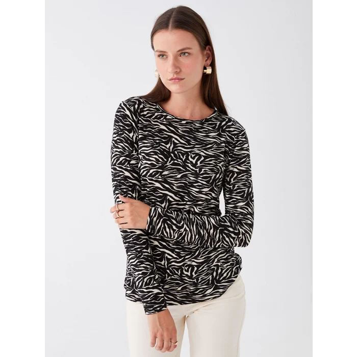 LCWAIKIKI Basic Siyah Bisiklet Yaka Desenli Uzun Kollu Kadın Tişört