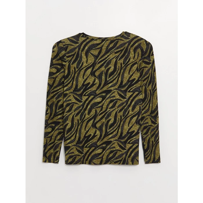 LCWAIKIKI Basic Haki Bisiklet Yaka Desenli Uzun Kollu Kadın Bluz