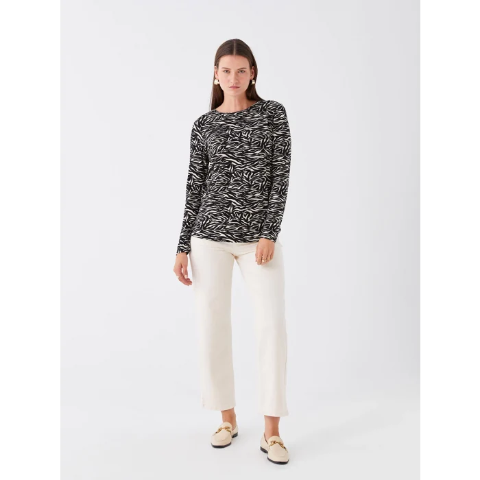 LCWAIKIKI Basic Siyah Bisiklet Yaka Desenli Uzun Kollu Kadın Tişört