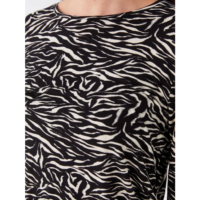 LCWAIKIKI Basic Siyah Bisiklet Yaka Desenli Uzun Kollu Kadın Tişört