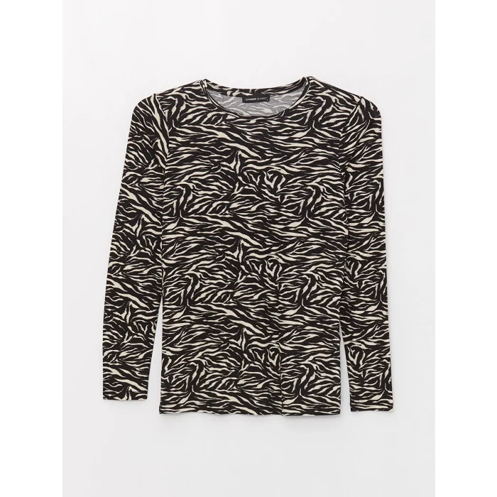 LCWAIKIKI Basic Siyah Bisiklet Yaka Desenli Uzun Kollu Kadın Tişört