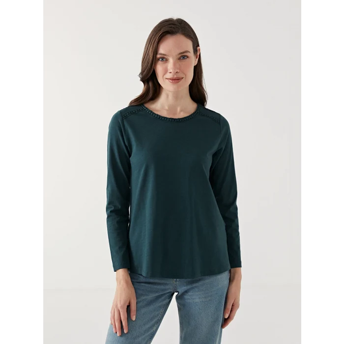 LCW Grace Yeşil Bisiklet Yaka Nakışlı Kadın Bluz