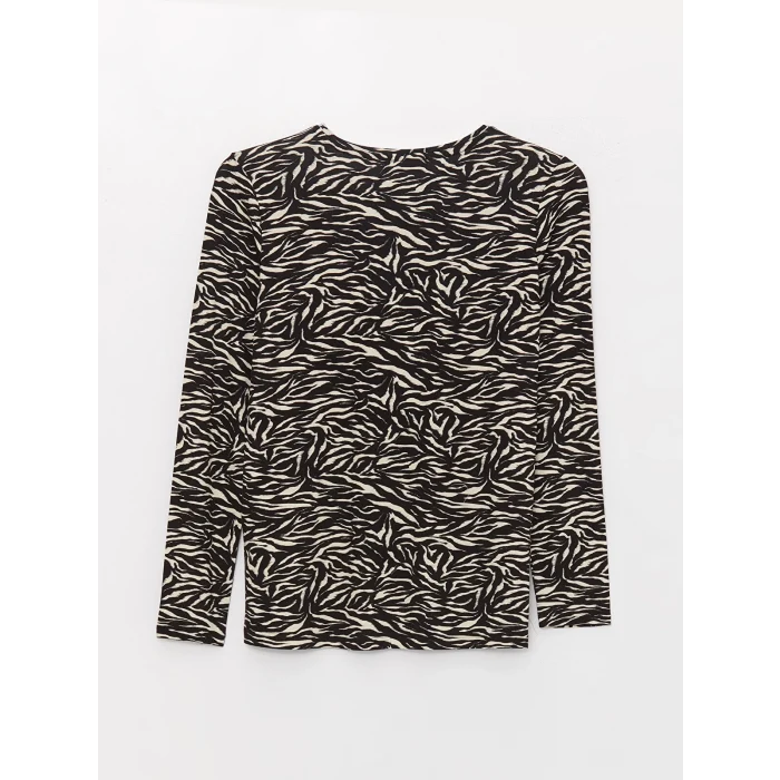 LCWAIKIKI Basic Siyah Bisiklet Yaka Desenli Uzun Kollu Kadın Tişört