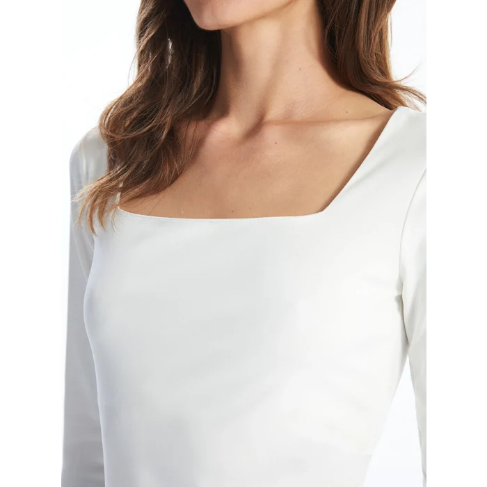 LCWAIKIKI Basic Ekru Kare Yaka Kadın Body