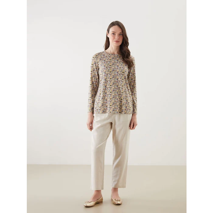 LCW Grace Karişik Bisiklet Yaka Desenli Kadın Tişört