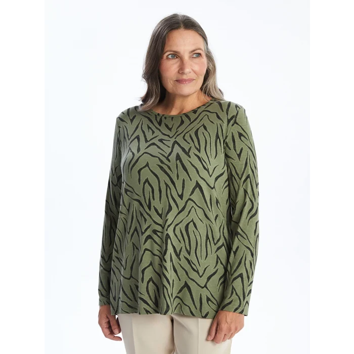 LCW Grace Haki Bisiklet Yaka Desenli Kadın Tişört