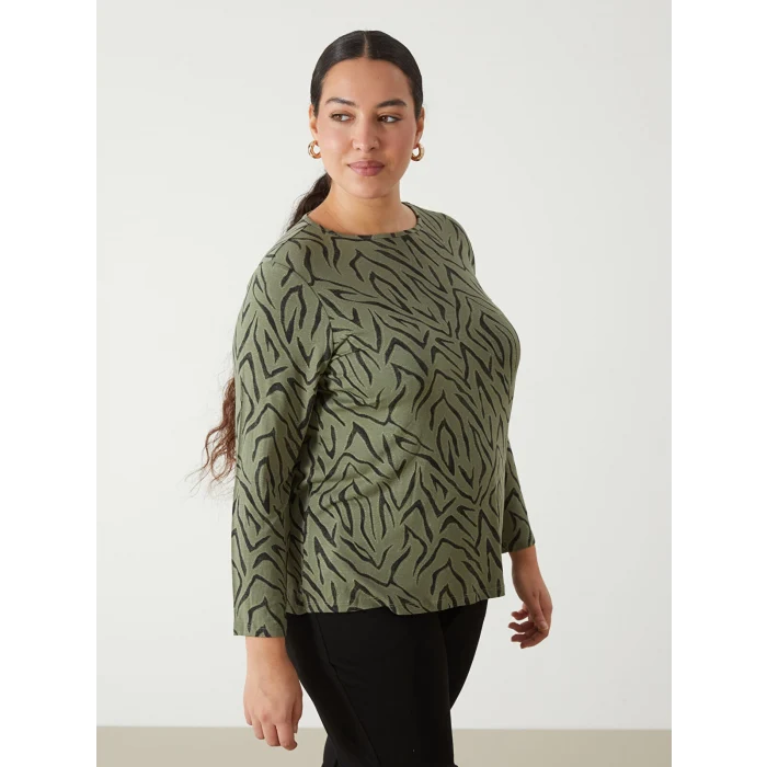 LCW Grace Haki Bisiklet Yaka Desenli Kadın Tişört