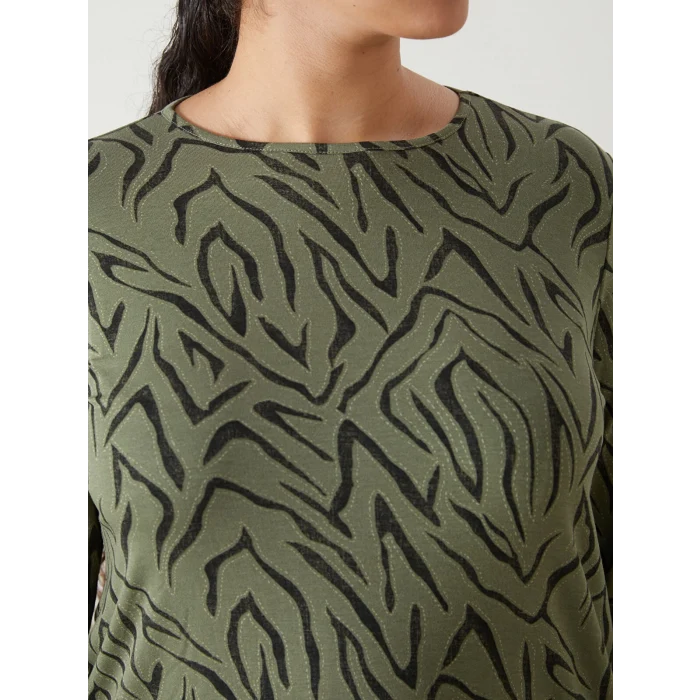 LCW Grace Haki Bisiklet Yaka Desenli Kadın Tişört