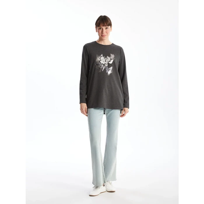 LCWAIKIKI Basic Antrasit Bisiklet Yaka Baskılı Kadın Tişört