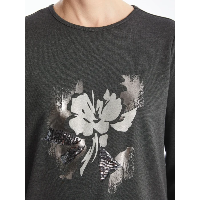 LCWAIKIKI Basic Antrasit Bisiklet Yaka Baskılı Kadın Tişört