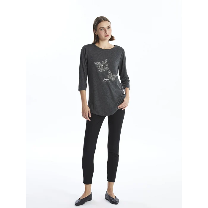 LCWAIKIKI Basic Antrasit Bisiklet Yaka Parlak Taşlı Uzun Kollu Kadın Bluz