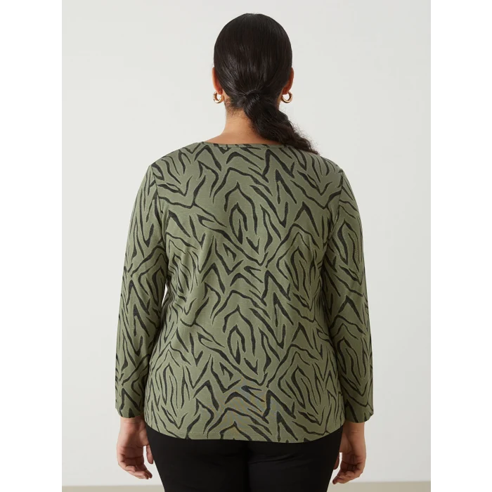 LCW Grace Haki Bisiklet Yaka Desenli Kadın Tişört