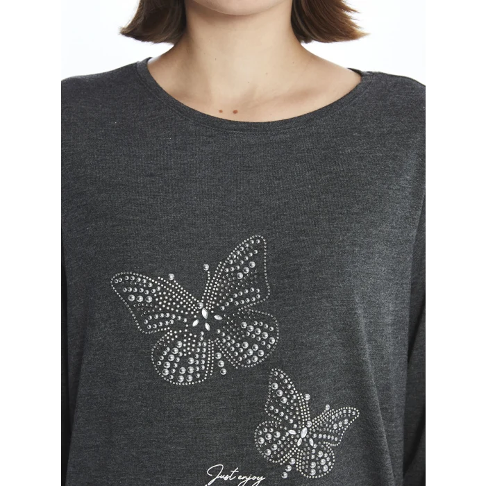 LCWAIKIKI Basic Antrasit Bisiklet Yaka Parlak Taşlı Uzun Kollu Kadın Bluz