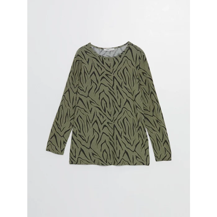 LCW Grace Haki Bisiklet Yaka Desenli Kadın Tişört