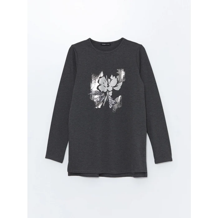 LCWAIKIKI Basic Antrasit Bisiklet Yaka Baskılı Kadın Tişört