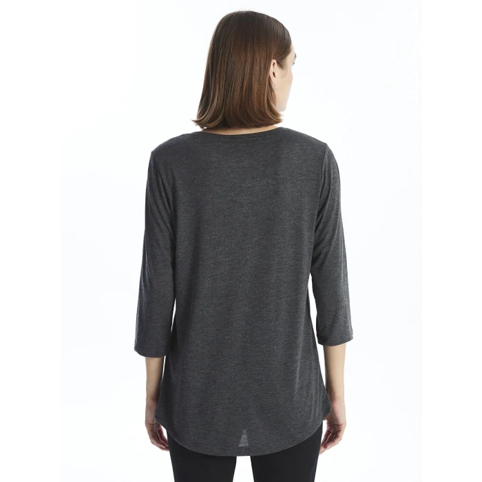 LCWAIKIKI Basic Antrasit Bisiklet Yaka Parlak Taşlı Uzun Kollu Kadın Bluz