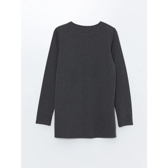 LCWAIKIKI Basic Antrasit Bisiklet Yaka Baskılı Kadın Tişört