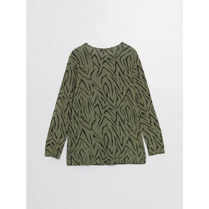 LCW Grace Haki Bisiklet Yaka Desenli Kadın Tişört