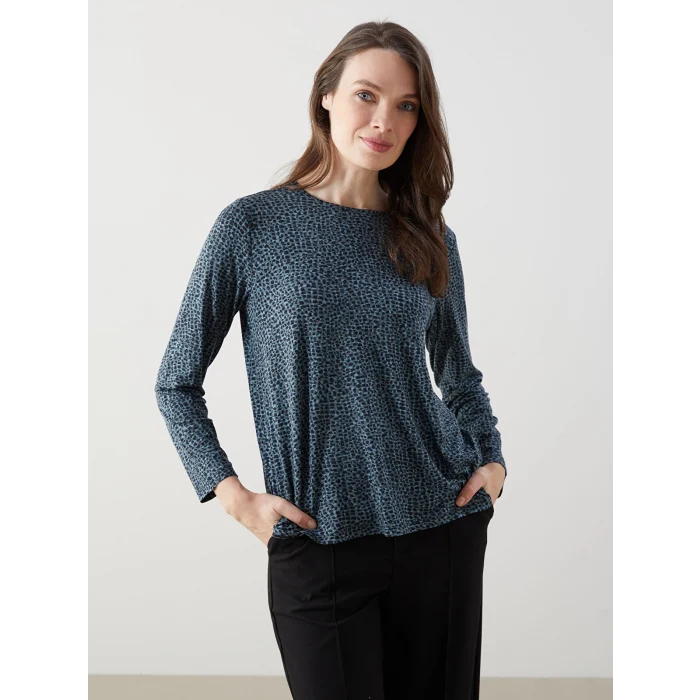 LCW Grace Yeşil Bisiklet Yaka Desenli Kadın Tişört