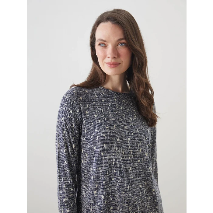 LCW Grace Lacivert Bisiklet Yaka Desenli Kadın Tişört