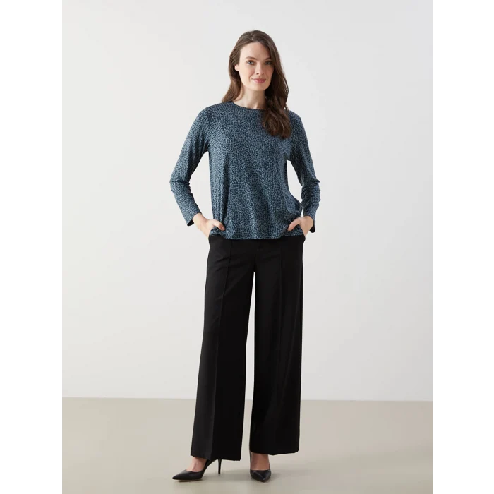 LCW Grace Yeşil Bisiklet Yaka Desenli Kadın Tişört