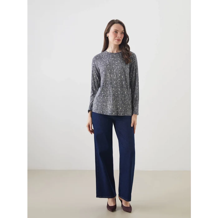 LCW Grace Lacivert Bisiklet Yaka Desenli Kadın Tişört