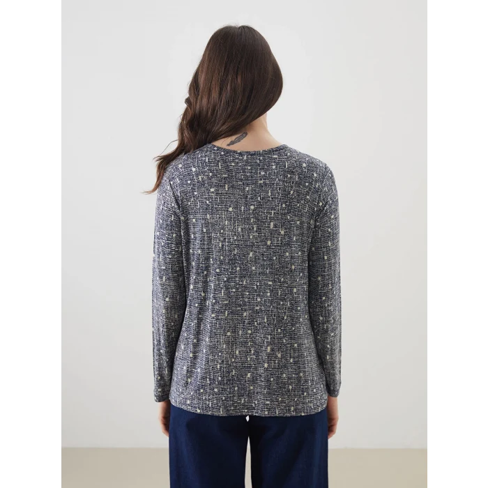 LCW Grace Lacivert Bisiklet Yaka Desenli Kadın Tişört