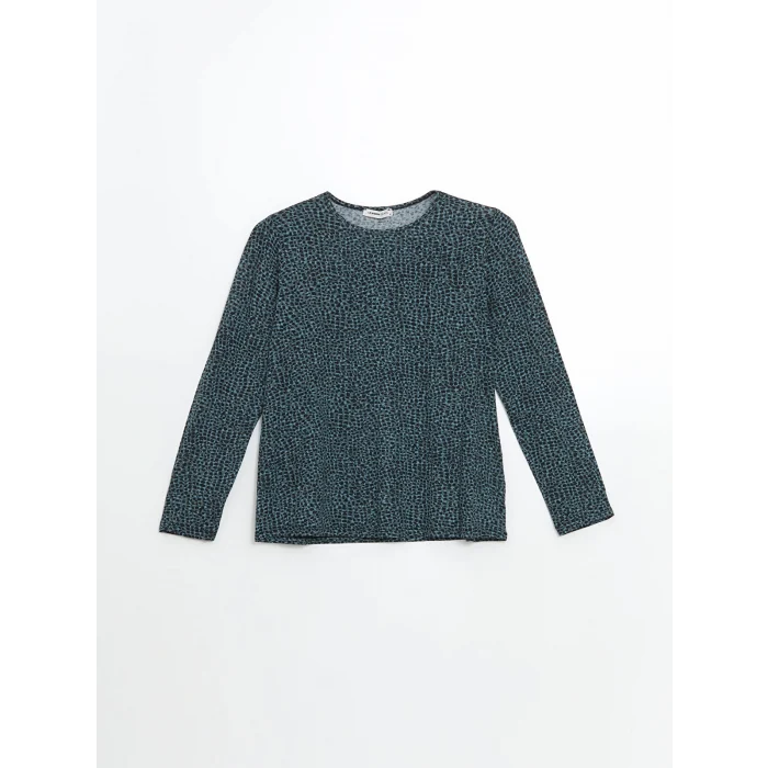 LCW Grace Yeşil Bisiklet Yaka Desenli Kadın Tişört