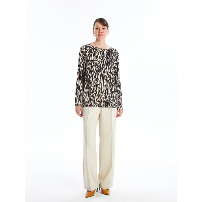 LCW Grace Bej Bisiklet Yaka Desenli Kadın Tişört