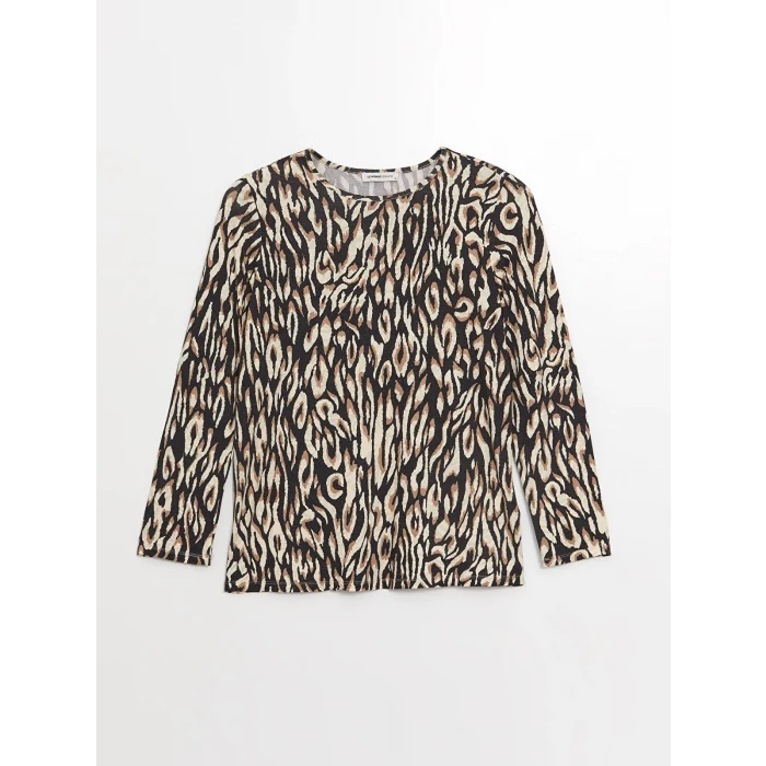 LCW Grace Bej Bisiklet Yaka Desenli Kadın Tişört