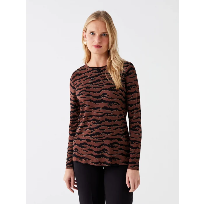 LCWAIKIKI Basic Kahverengi Bisiklet Yaka Desenli Uzun Kollu Kadın Bluz