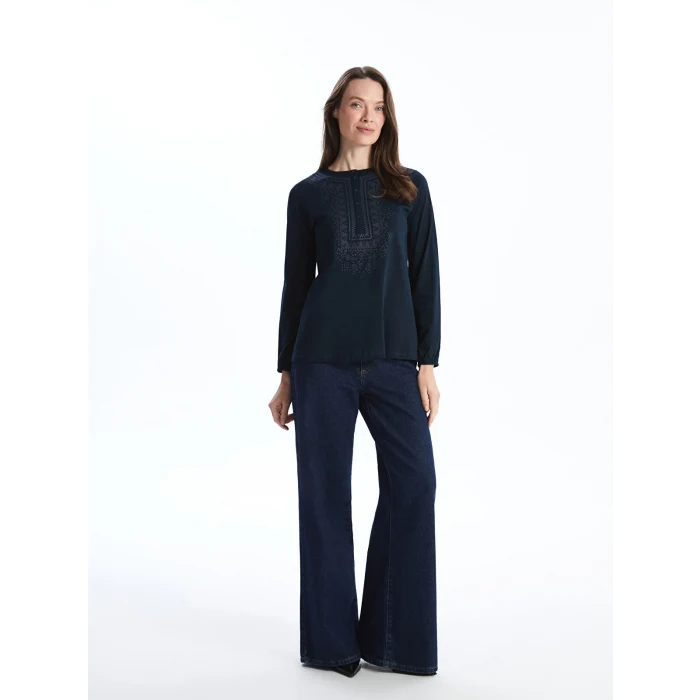 LCW Grace Lacivert Bisiklet Yaka Desenli Kadın Bluz