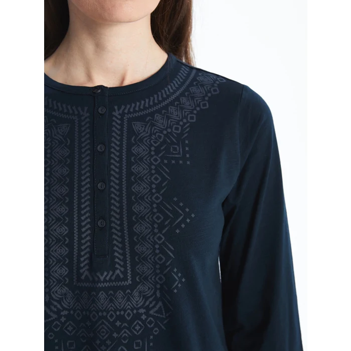 LCW Grace Lacivert Bisiklet Yaka Desenli Kadın Bluz