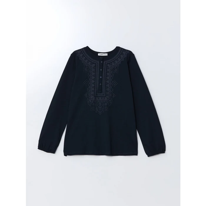 LCW Grace Lacivert Bisiklet Yaka Desenli Kadın Bluz