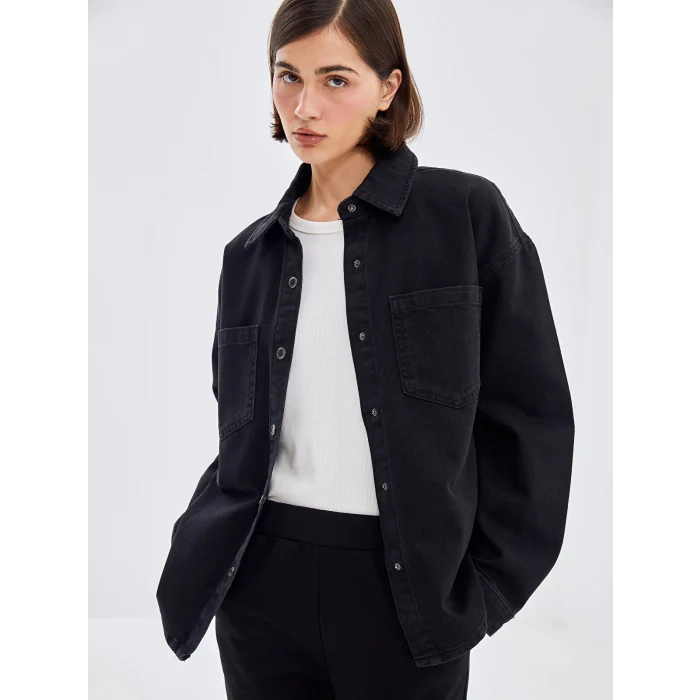 LCW Vision Siyah Oversize Kadın Jean Gömlek Ceket