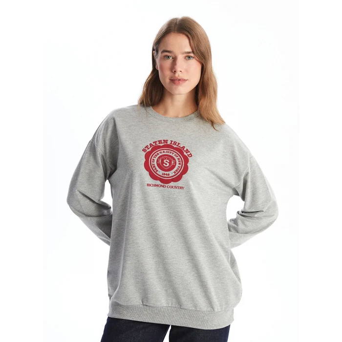 LCW Modest Gri Bisiklet Yaka Baskılı Kadın Sweatshirt Tunik