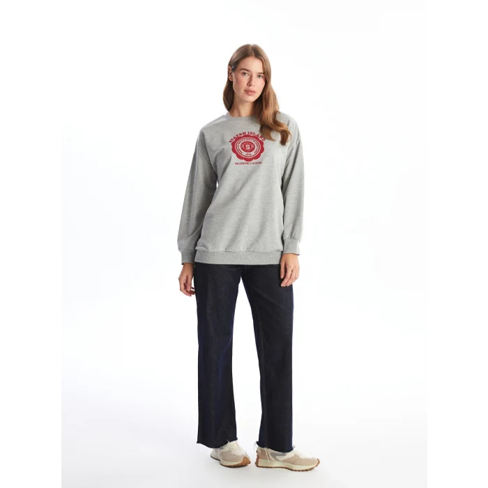 LCW Modest Gri Bisiklet Yaka Baskılı Kadın Sweatshirt Tunik