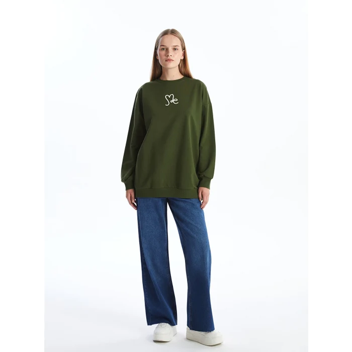 LCW Modest Yeşil Bisiklet Yaka Nakışlı Kadın Sweatshirt Tunik