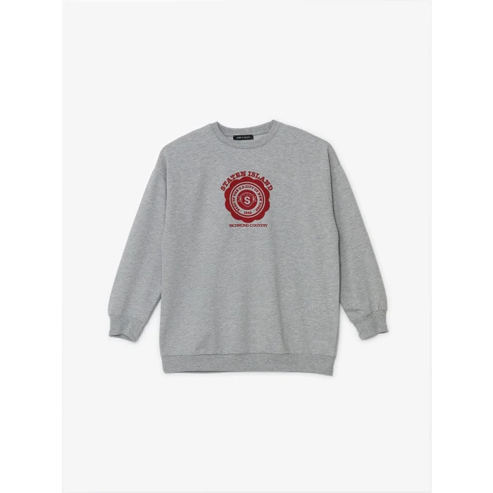 LCW Modest Gri Bisiklet Yaka Baskılı Kadın Sweatshirt Tunik