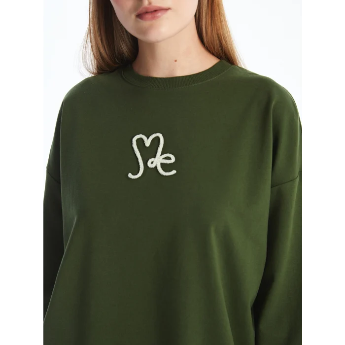 LCW Modest Yeşil Bisiklet Yaka Nakışlı Kadın Sweatshirt Tunik