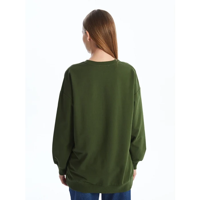 LCW Modest Yeşil Bisiklet Yaka Nakışlı Kadın Sweatshirt Tunik