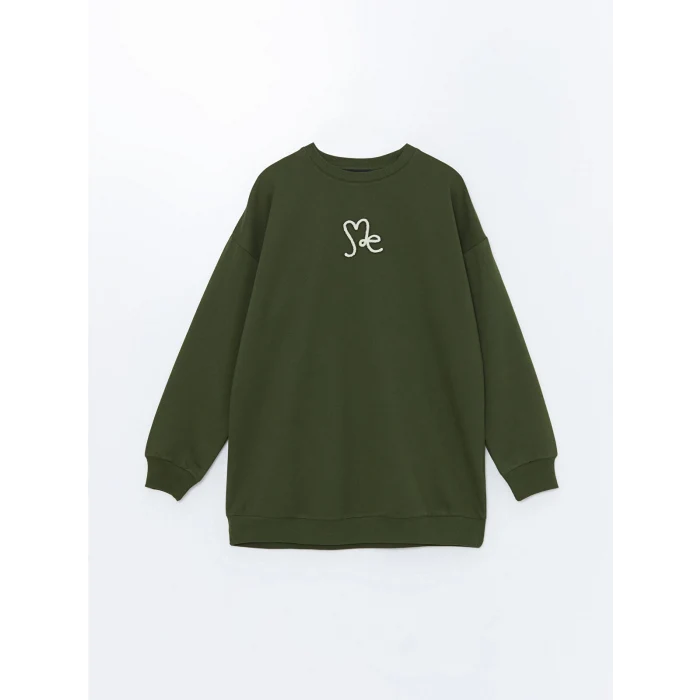 LCW Modest Yeşil Bisiklet Yaka Nakışlı Kadın Sweatshirt Tunik